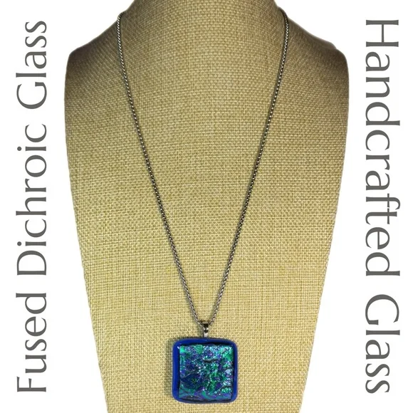 Handcrafted Fused Dichroic Glass Pendant and Chain - Picture 2 of 4